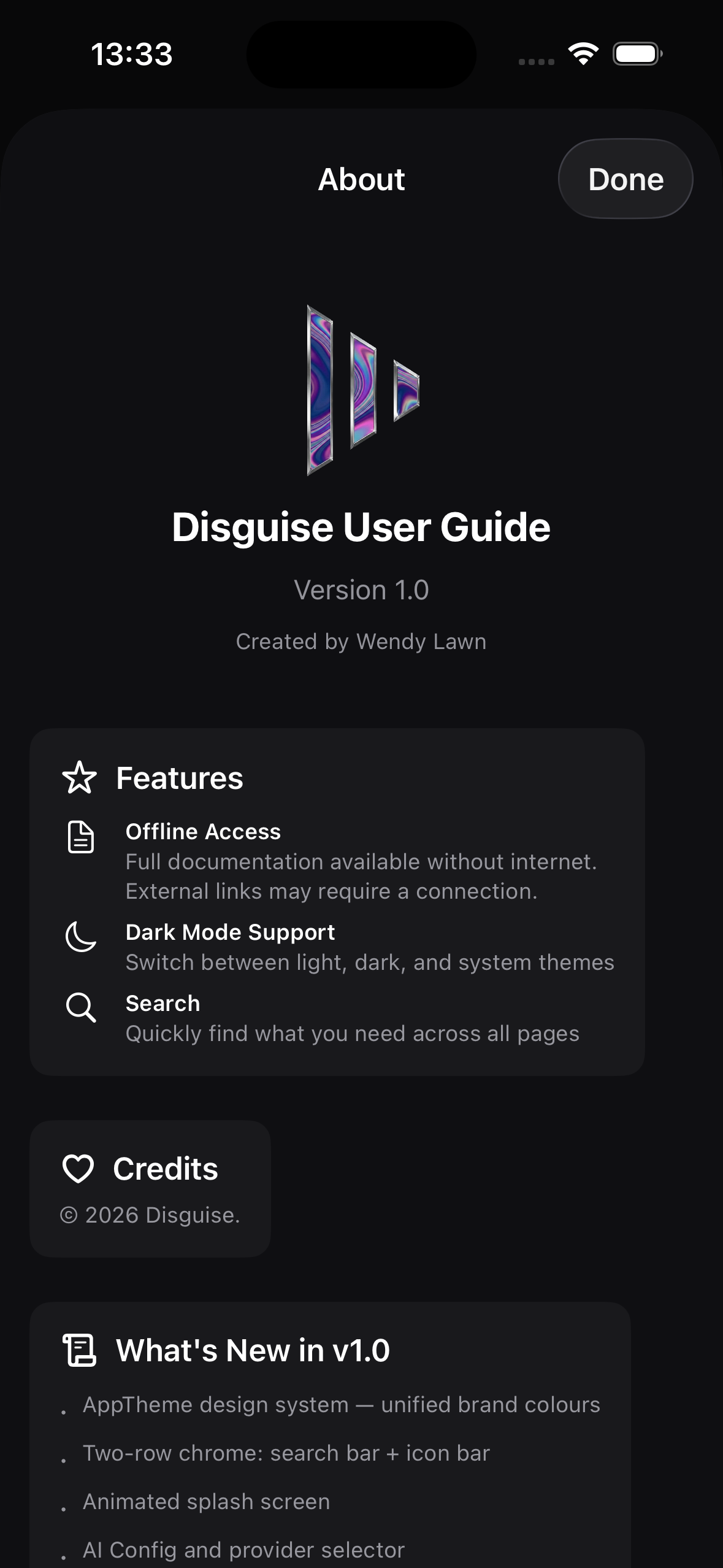 Disguise User Guide App — About