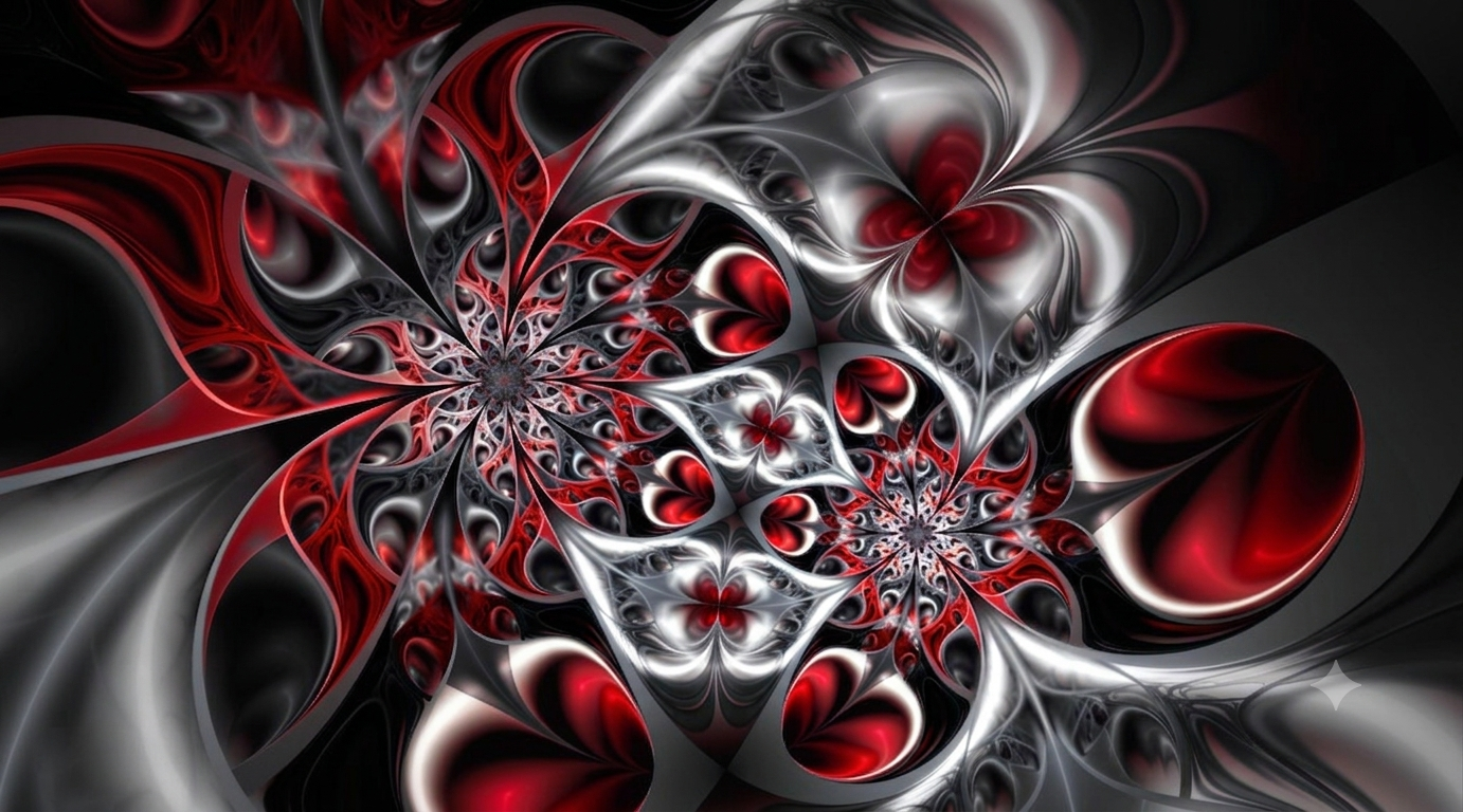 Fractal image in red, black and silver — a pattern that contains itself at every scale, illustrating recursive self-improvement