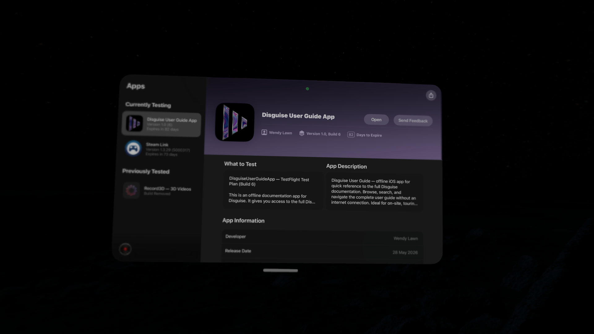 Disguise User Guide App — TestFlight on Apple Vision Pro